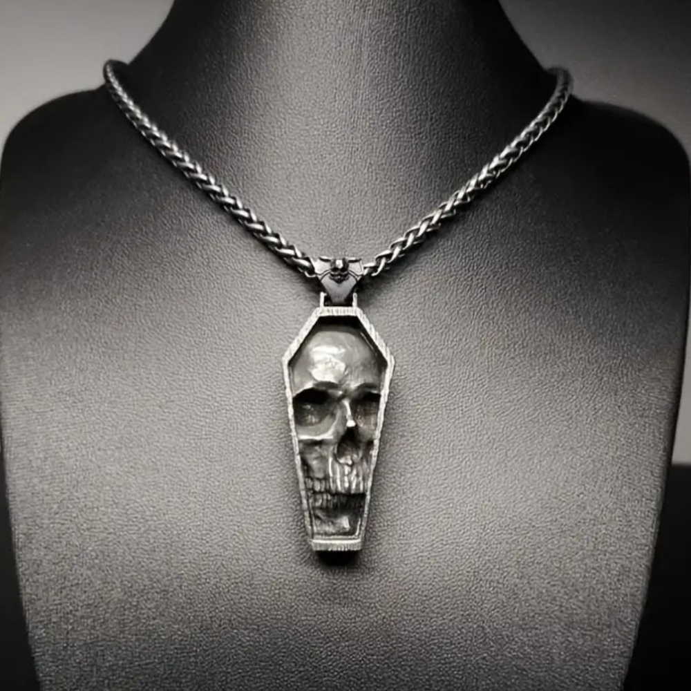 Silver Skull Coffin Pendant Necklace